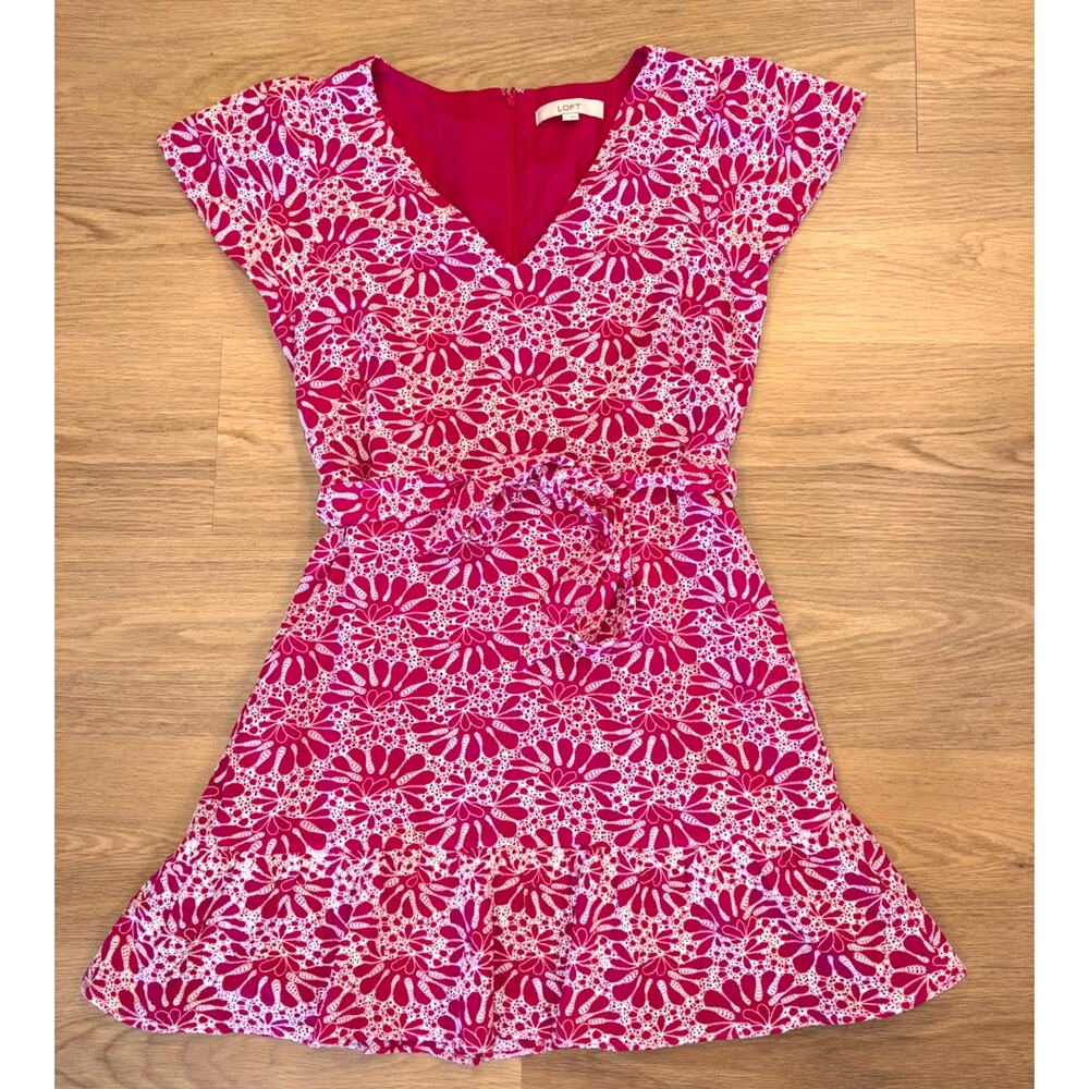 Ann Taylor LOFT pink and white floral embroidered wrap dress womens size 12